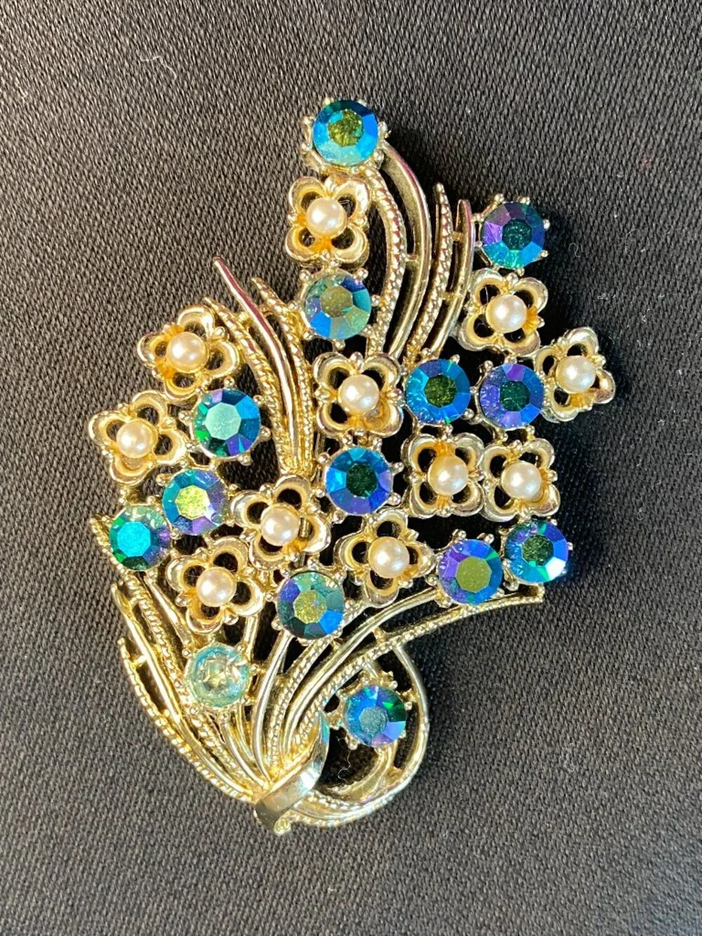 Vintage Coro Blue Aurora Borealis Rhinestone Floral Bouquet Gold-tone Brooch